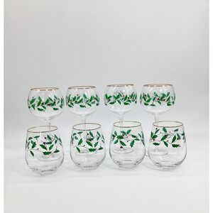 Lenox Christmas Wine Glasses, Set of 8: Gold Rim Holly Barware  (TBL)